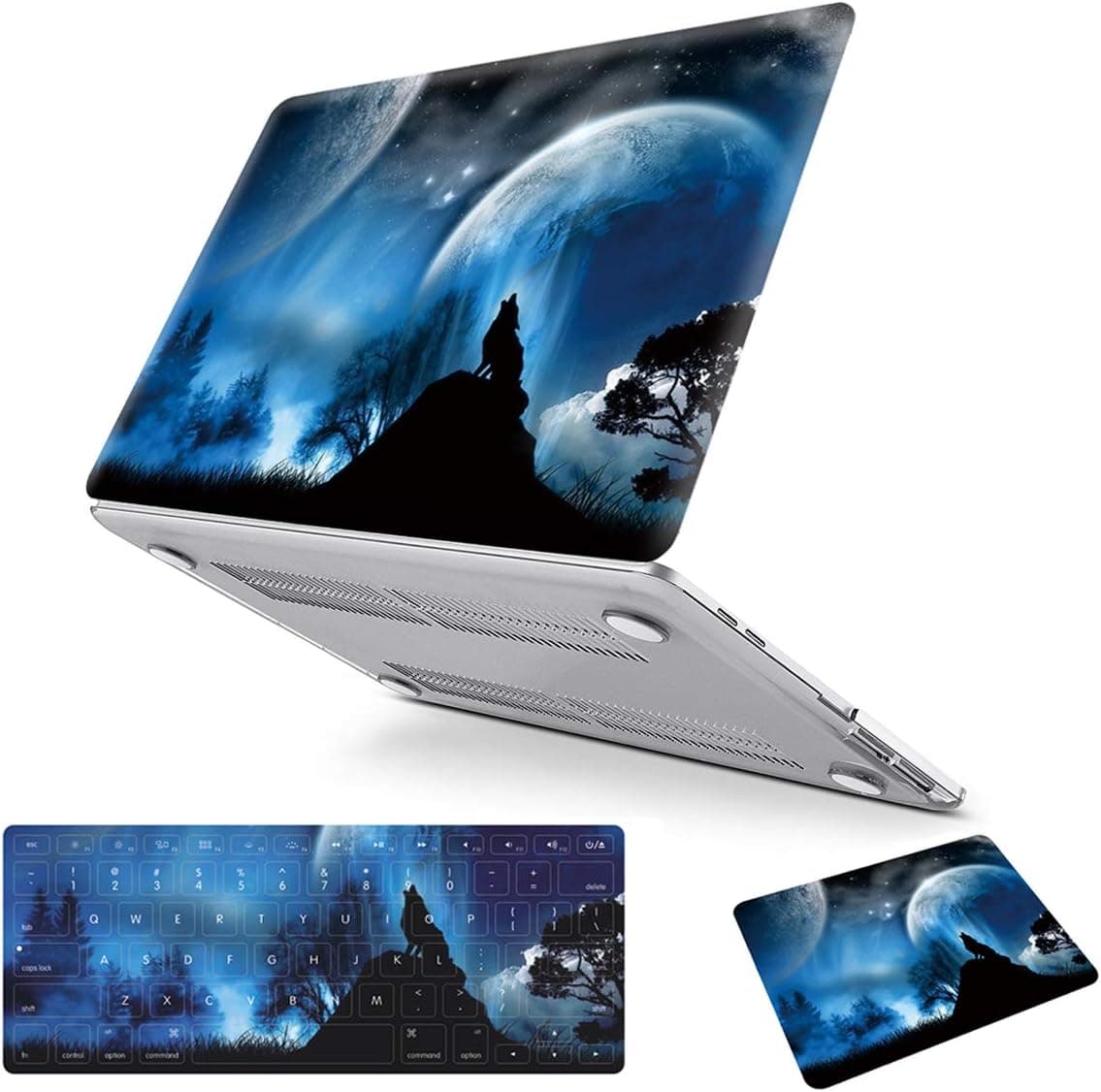 PapyHall New Special Suit Color Plastic Hard Case + Keyboard Cover + Mouse Pad for MacBook Air 13 inch (Model: A1369 and A1466) Moonlight Wolf
