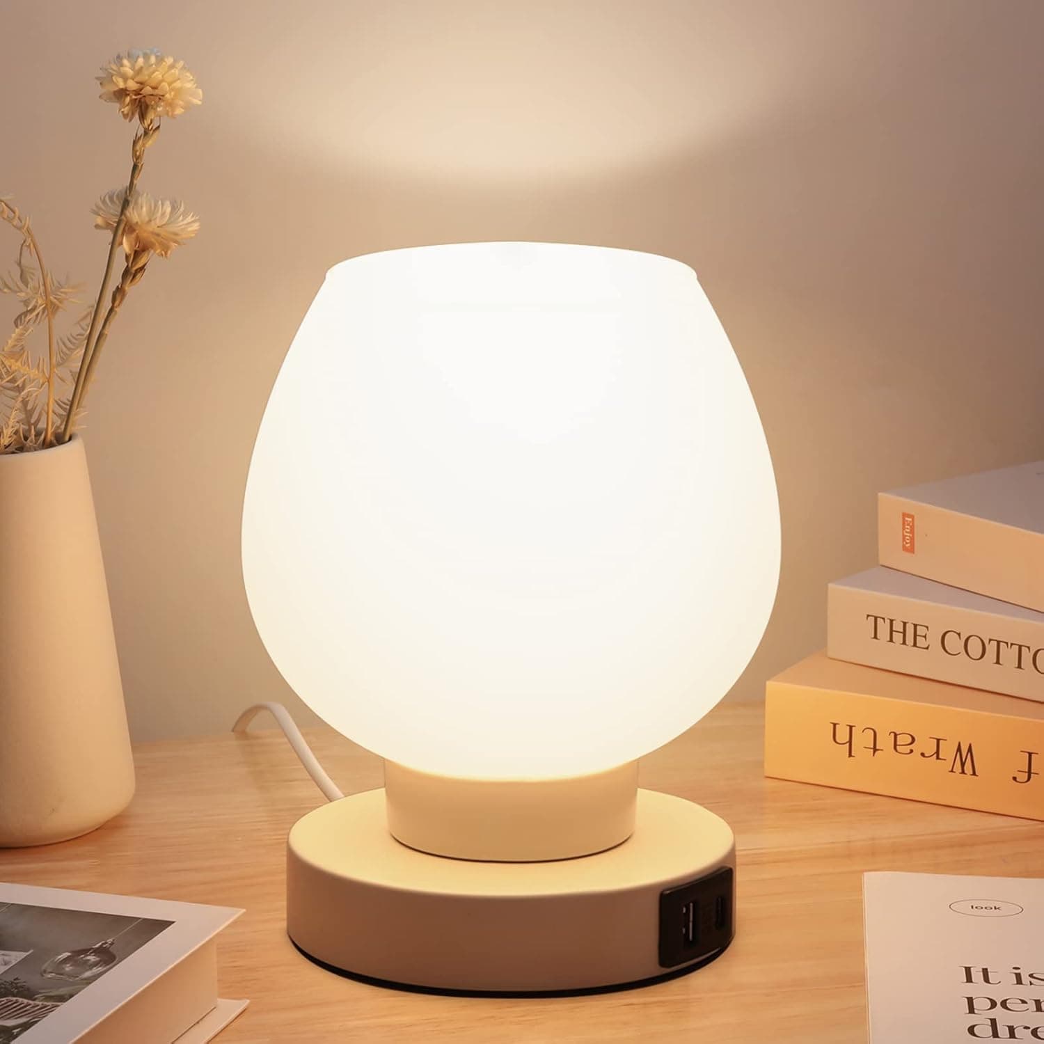 BOOHENKA Touch Bedside Table Lamp, Dimmable Bedside Lamp with USB C+A Charging Ports, Desk lamp with Warm LED Bulb, 3 Way Dimmable Nightstand Lamp, White Opal Glass Modern Small Lamp