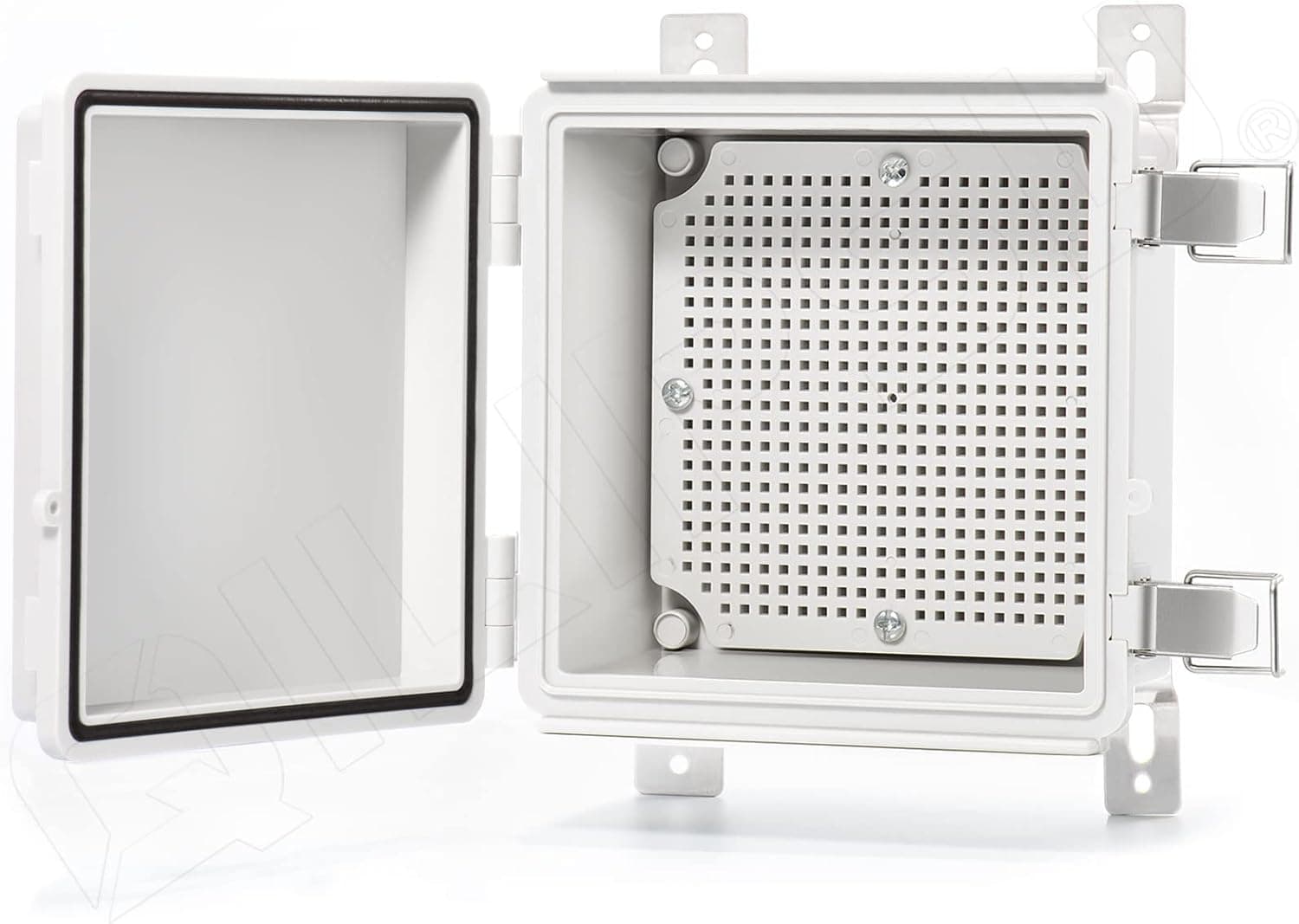 QILIPSU Hinged Cover Stainless Steel Latch 150x150x90mm Junction Box with Mounting Plate, Universal IP67 Project Box Waterproof DIY Electrical Enclosure, ABS Plastic Grey (5.9"x5.9"x3.5")