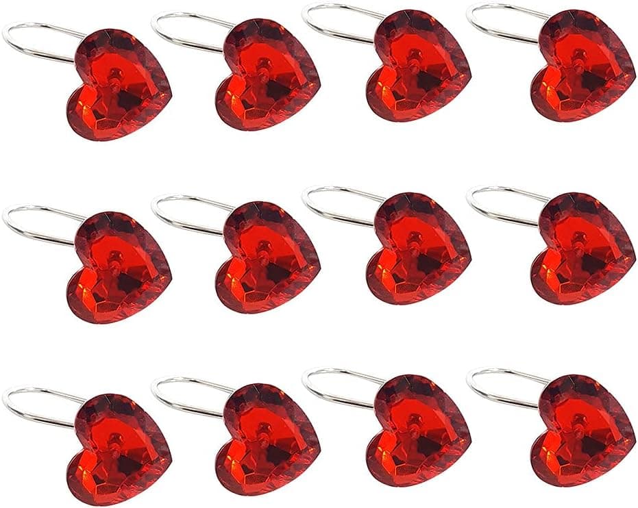 Heart Shower Curtain Rod Ring Hooks Decorative for Bathroom Kitchen Home Living Room Clothing Utensils Towel, Rust Resistant Hooks Glide Shower Ring Hang Holder - Red