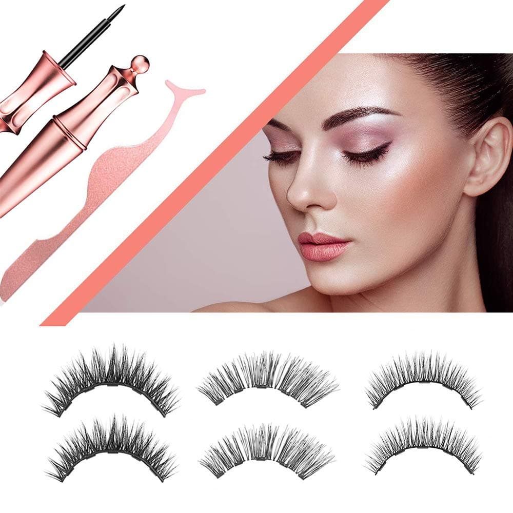 Jahul Magnetic Eyelash Kit and Magnetic Eyeliner, 3 Pair of Magnetic Eyelashes with Full Eye 5 Magnets Reusable Fake Eyelashes Magnetic Lashes
