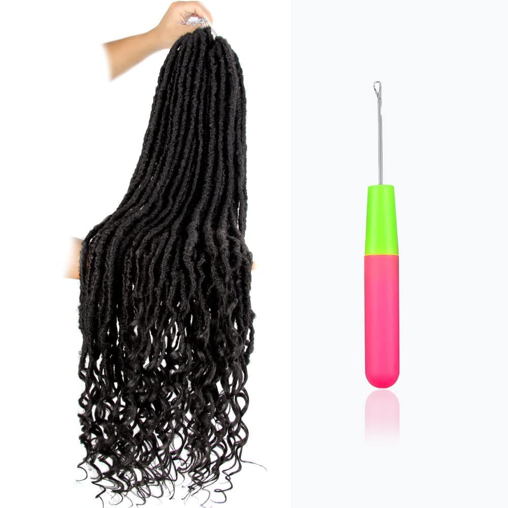 Niseyo Wild Locs 36 Inch Distressed New Faux Locs with Curly Ends 8 Packs Distressed Goddess Locs Crochet Hair 36 In Long Soft Butterfly Loc Pre-looped Deep Wavy End (Handmade, 2#/Off Black)