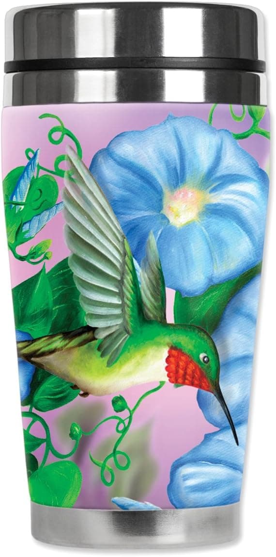 Mugzie Hummingbird & Flowers Travel Mug with Insulated Wetsuit Cover, 16 oz, Black
