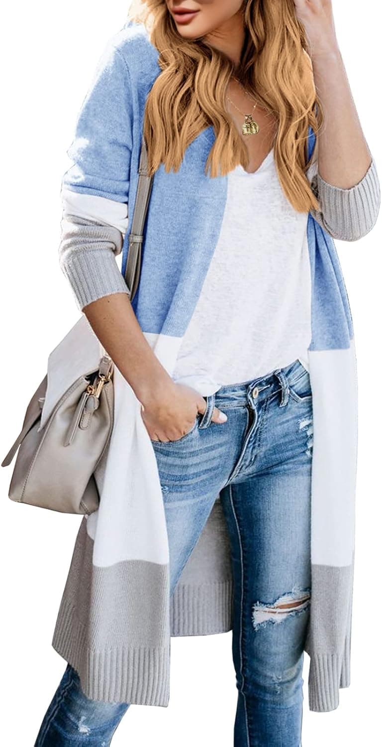 Yacooh Womens Boho Open Front Striped Knit Cardigan Sweater Lightweight Long Sleeve Coats