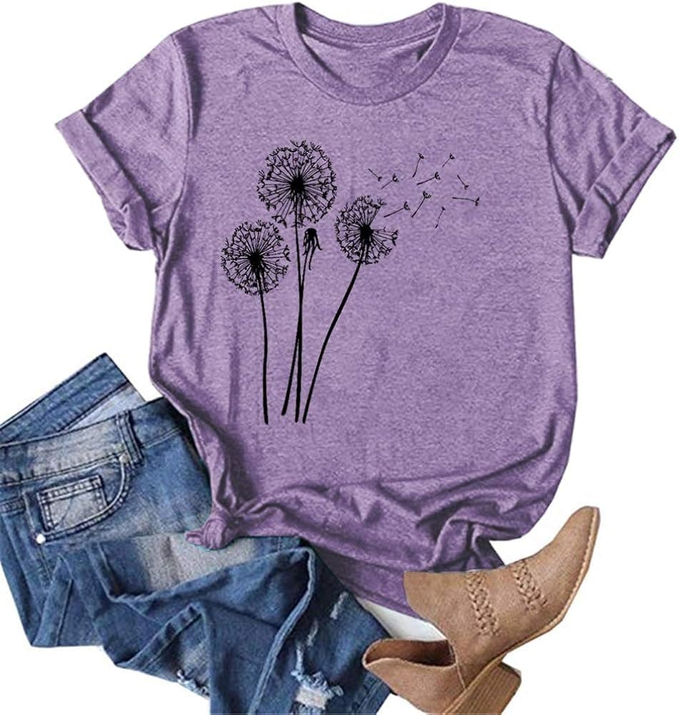 MaQiYa Womens Cute Make A Wish Dandelion Printed Tee Shirts Summer Cotton Vintage Graphic Tees Tops