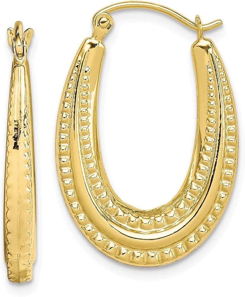 10k Yellow Gold Textured Oval Hollow Hoop Earrings (17mm x 25mm)