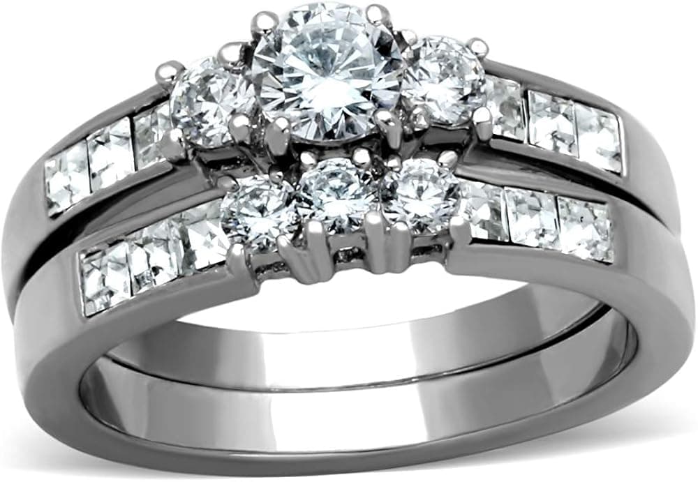 Lanyjewelry Three-Stone Type Brilliant CZ Stainless Steel Wedding Ring Set