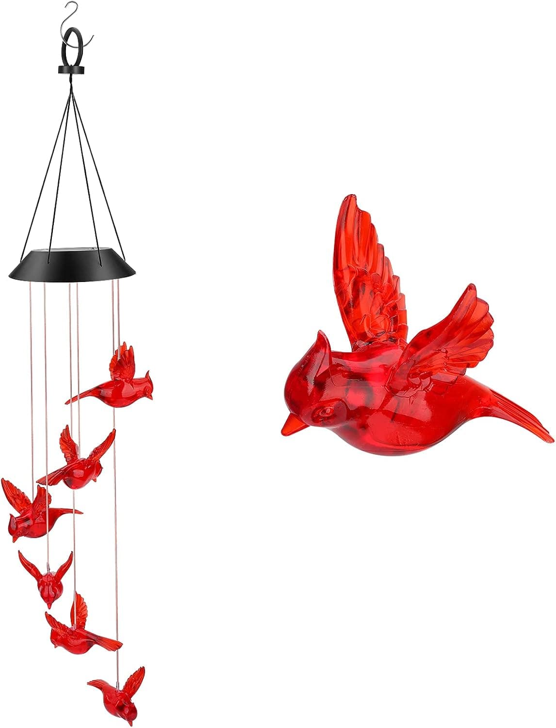 Globalstore Red Cardinal Bird Wind Chime, Solar Color Changing Wind Chimes, LED Light Outdoor Decoration Waterproof Mobile Wind Chime with Hook for Patio Yard Garden Home Festival Party Decor Gifts