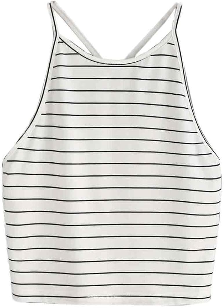 MALLOOM Women Striped Sleeveless Crop Tops Vest Halter Tank Blouse T-Shirt (White