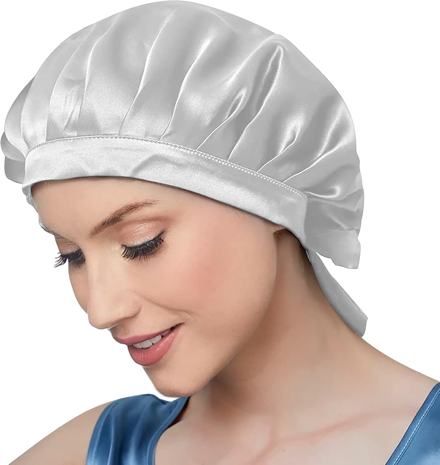 Silk Bonnet - 100% 19 Momme Mulberry Silk Bonnet [More Breathable, Softer, More Luxurious], Silk Sleep Cap for Women, Silk Bonnet for Curly Hair, Adjustable Silk Bonnet for Sleeping (22"-26", Silver)