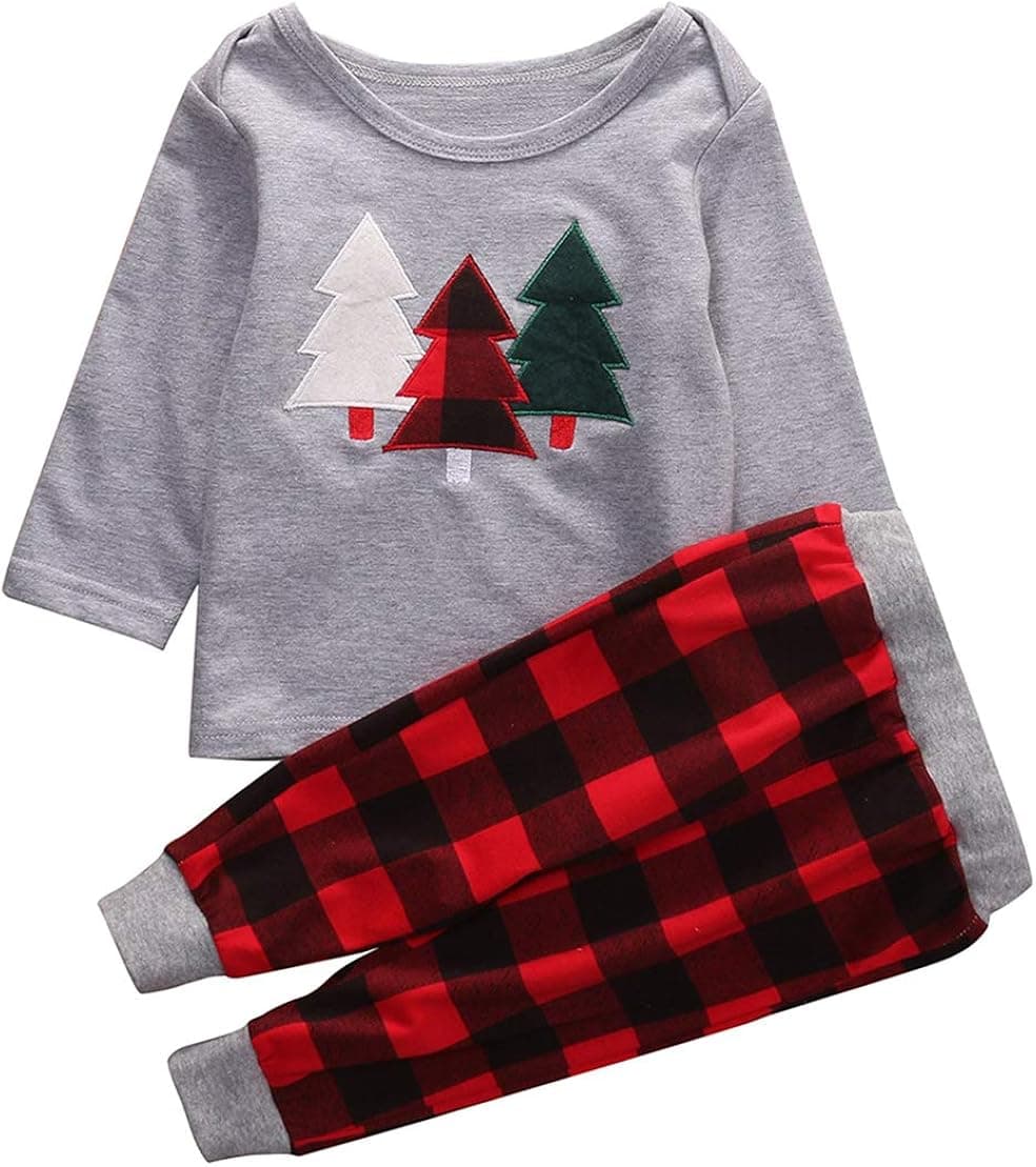 Kids Baby Boys Girls Christmas Tree T-Shirt Tops Pullover+Plaid Print Pants Outfits Christmas Custome 2Pcs Set