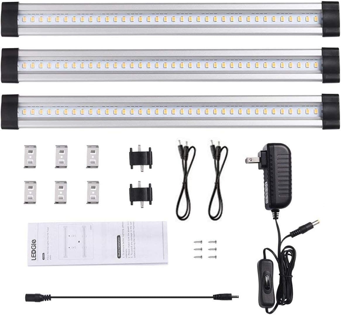 LEDGLE 12W LED Under Cabinet Lighting Kit Plug in,3 pcs 12 Inches Cabinet Light Strips, 950 Lumen, for Kitchen Cabinets Counter, Closet, Shelf Lights,Daylight White 6000K, All Accessories Included