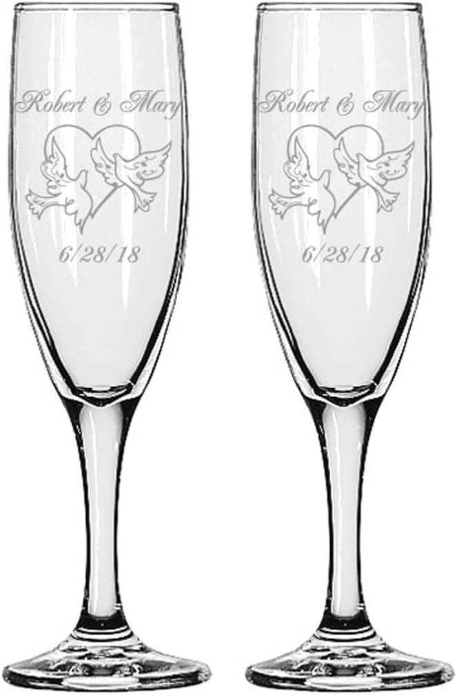 GIFTS INFINITY® Engraved Wedding Interlock Hearts Champagne Flutes Set of 2 Personalized Toasting Glasses (Heart with Dove) - Valentine's Day Gift