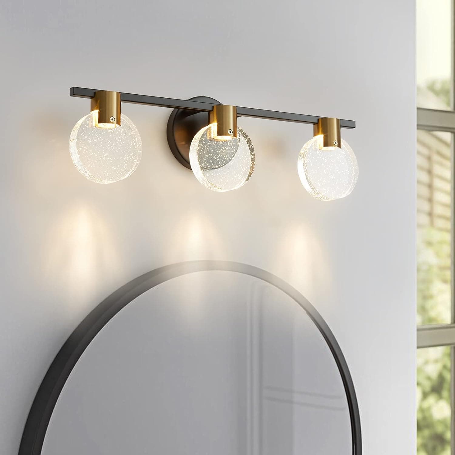 KUCICO Modern Bathroom Light Fixtures,LED Vanity Lights for Bathroom,15W 3-Llight Bathroom Lights Over Mirror, Black and Gold Vanity Lighting Fixtures with Bubble Crystal Glass