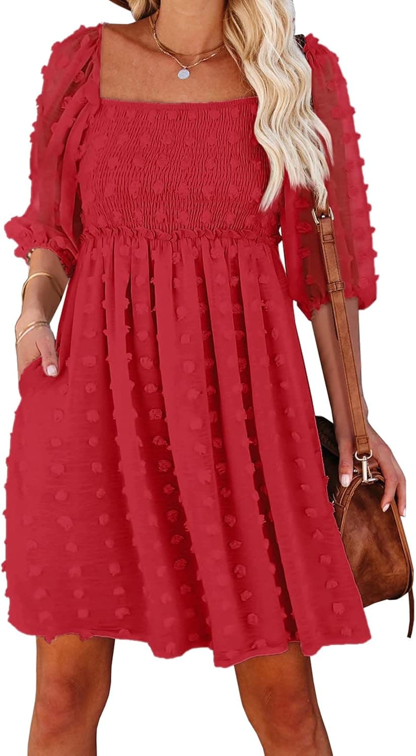 MIHOLL Women's V Neck Short Sleeve Ruffle Loose Summer Flowy Mini Dress