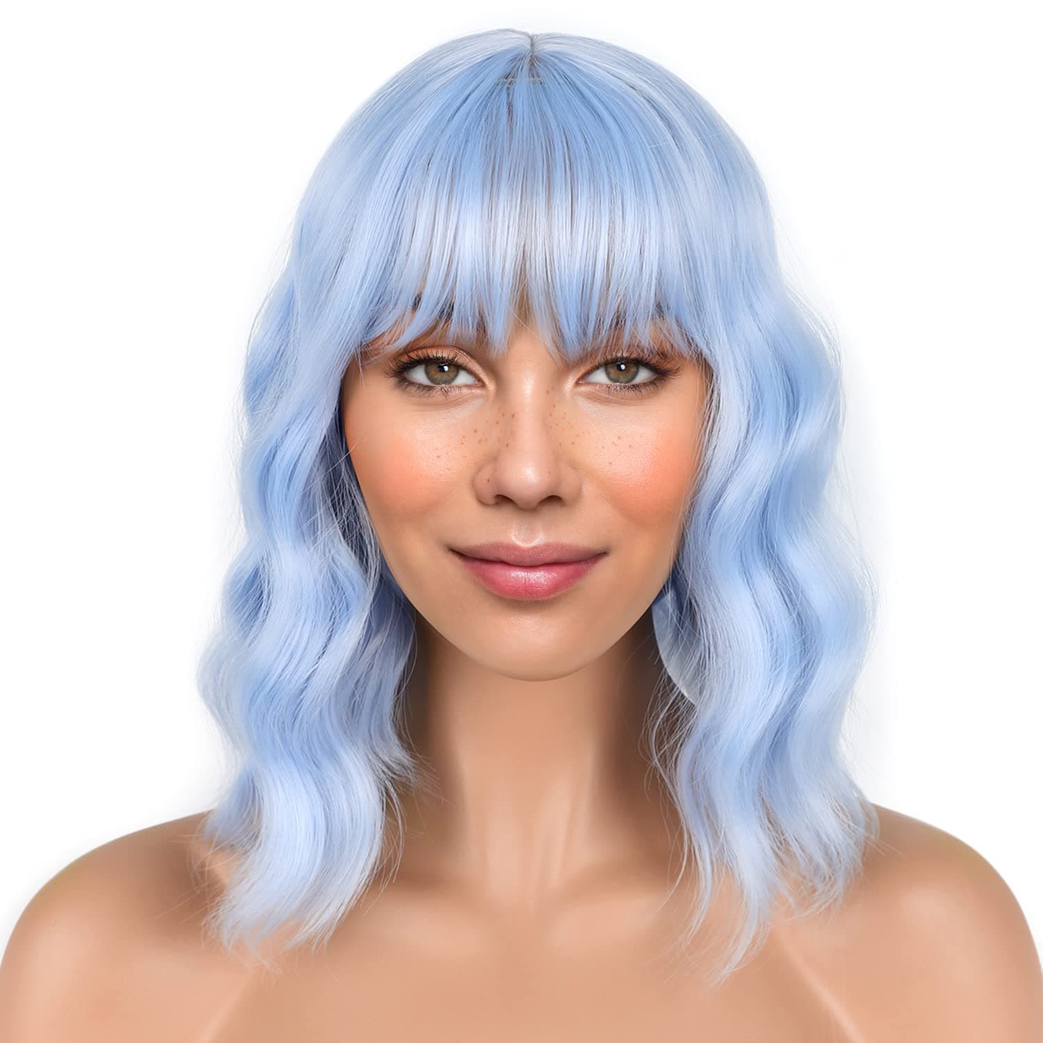 LANICE Light blue Short Bob Wigs with Bangs for Women Loose Wavy Hair Shoulder Length Wigs Synthetic Colorful Wigs for Cosplay Daily PartyUse(Light blue,12inch)