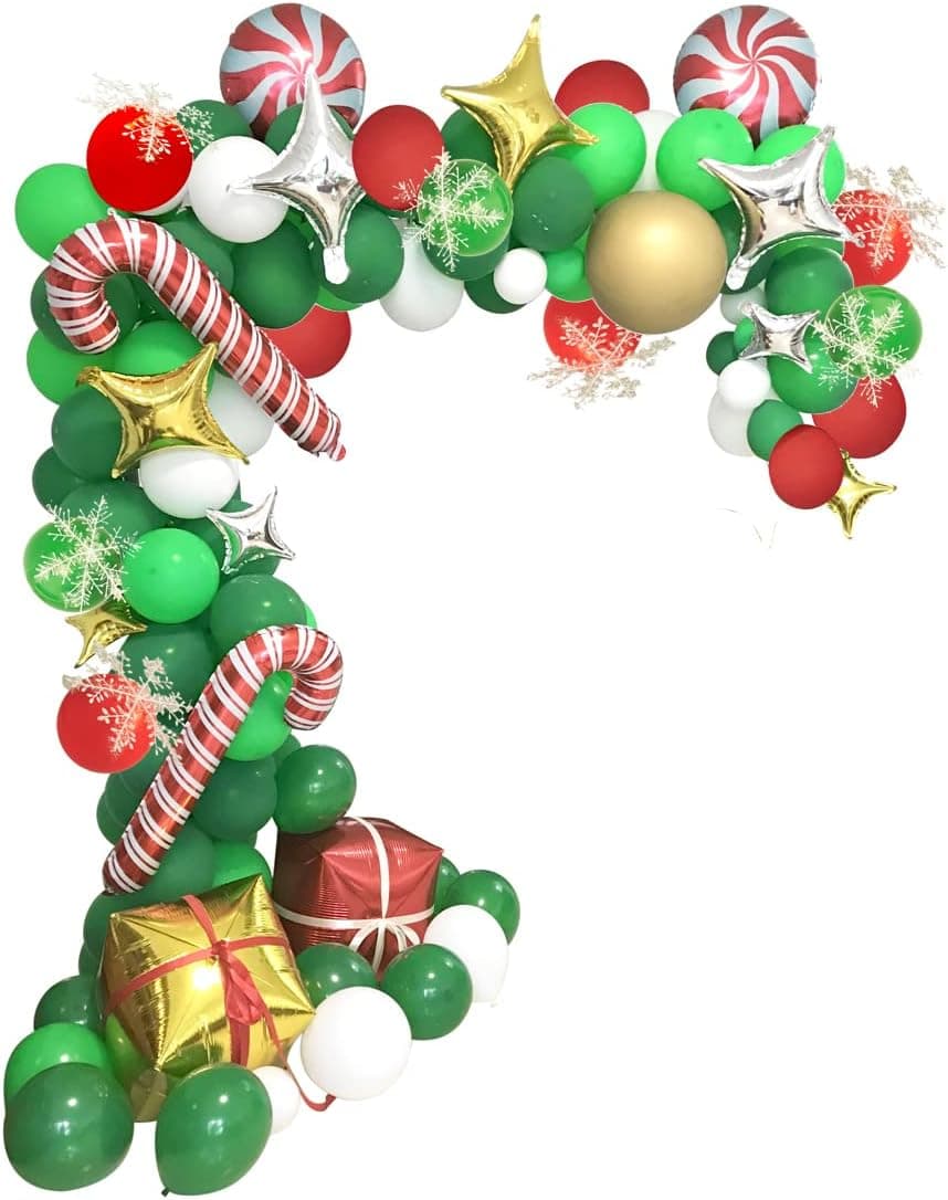 Christmas Balloon Garland Arch Kit 152 Pieces Christmas Party Decoration Balloons 2022 Updated Include Pump Hand Held Candy Cane Balloons Gift Box Stars Lollipops Foil Balloons Snowflakes (Green Set)