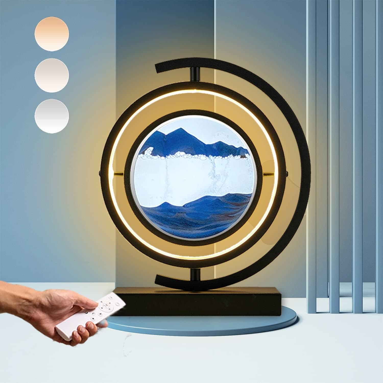 Sands of Time Lamp, Moving Sand Art Lamp Dimmable Nightstand Lamp with Remote Control, 3 Levels Brightness, 360° Rotatable, 3500-6500k LED Lamp Beads, Bedside Lamp for Bedroom Living Room Office