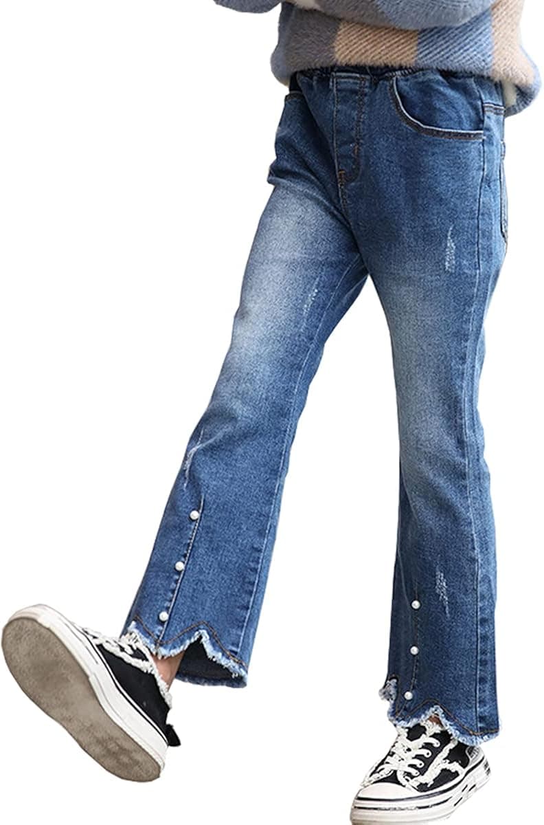 Milokado Kids Girls Bell Bottom Jeans Washed Skinny Flare Jean Elastic Waist Pant Size 4-14 Years