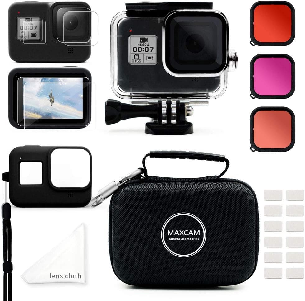 MAXCAM Accessories Kit for GoPro Hero 8 Black Bundle Includes Waterproof Housing + Tempered Glass Screen Protector + Carrying Case + Sleeve Case + Snorkel Filters + Anti-Fog Inserts for GoPro Hero8
