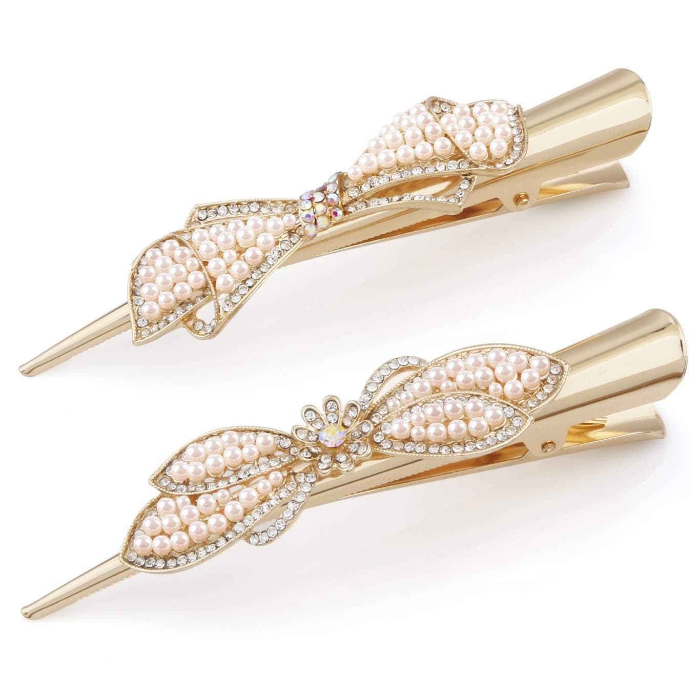 Fashion Large Alligator Hair Clips with Pearl, GLAMFIELDS 5 inch Long Hairclips Rust-Proof Durable Non-Slip Duckbill Metal Teeth Clips for Women Thick and Thin Hair (2 Pack) Gold
