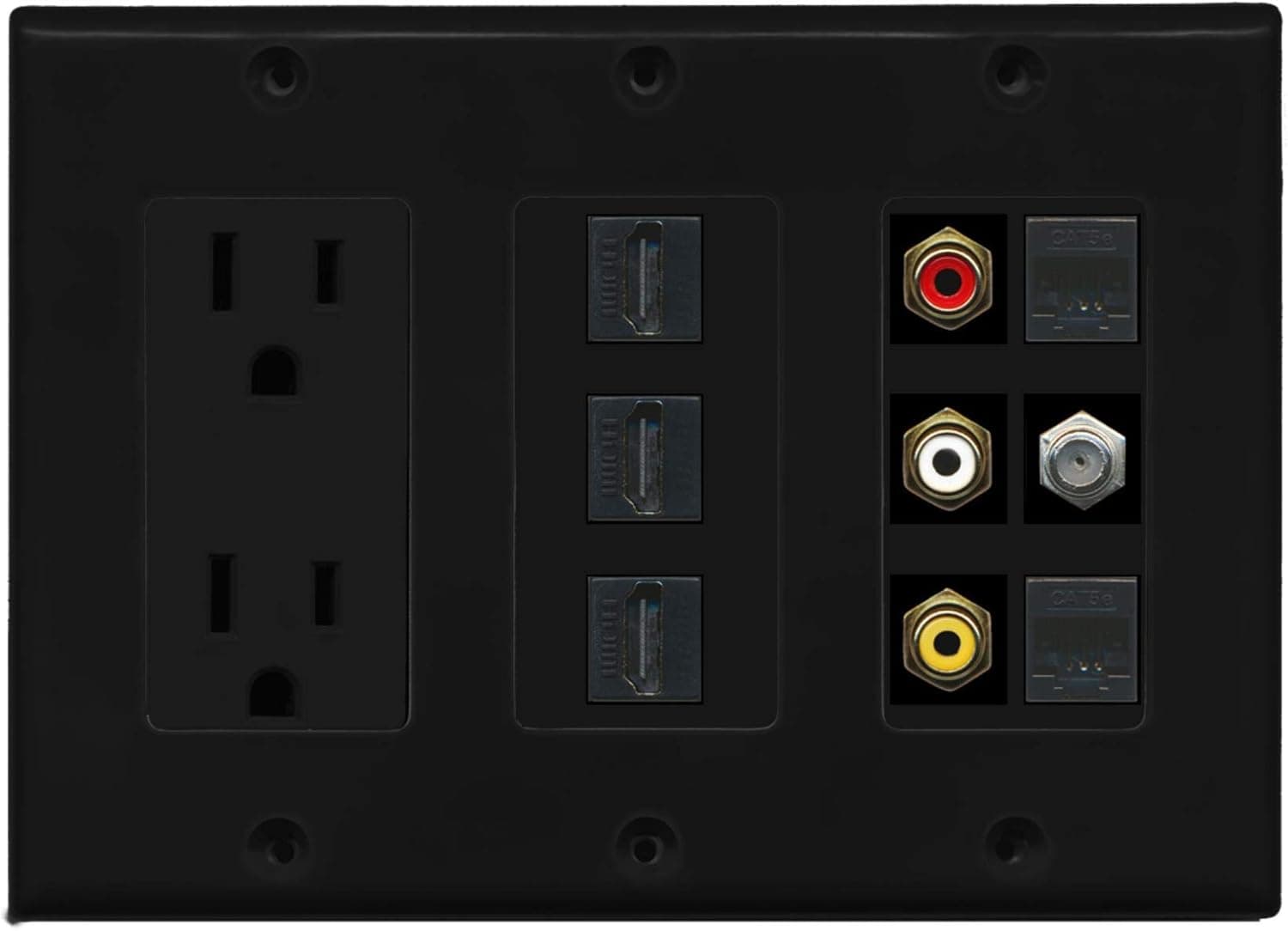 RiteAV Power 3 Port HDMI Composite 3-RCA A/V 2 Cat5e Ethernet Coax TV Wall Plate - Black