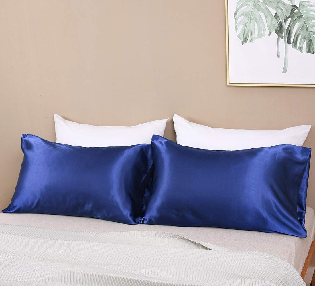 Satin Pillowcase for Hair and Skin, 20x30 inch Hypoallergenic Pillow Covers with Envelope Closure ( Set of 2, Queen, Navy Blue)