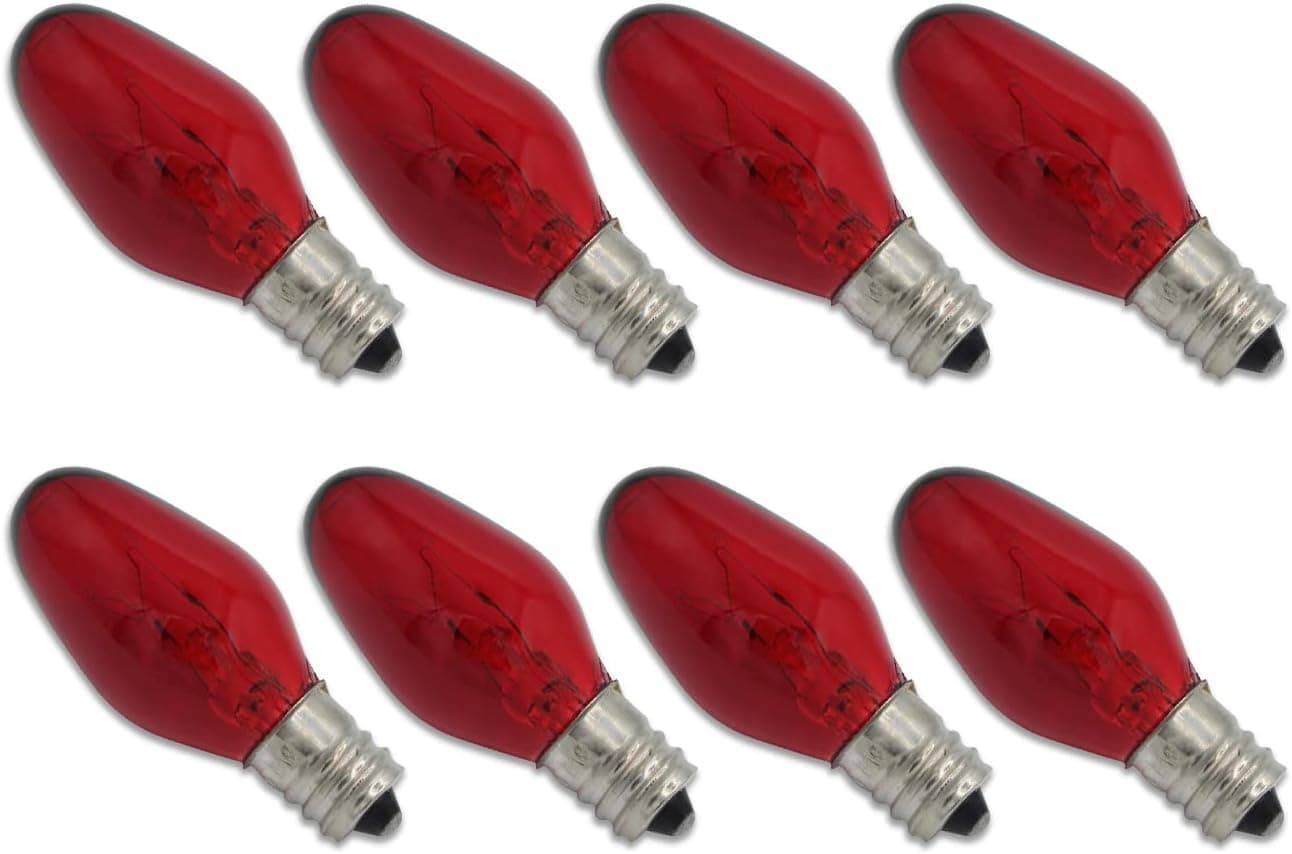C7 Watt Red Incandescent C7 Colored Night Light Bulbs by Lumenivo - 7W C7 Red Christmas Village Light Bulbs - Candelabra Base Red Bulbs for Window Candles, Decorative Light Replacements - 120V -8 Pack