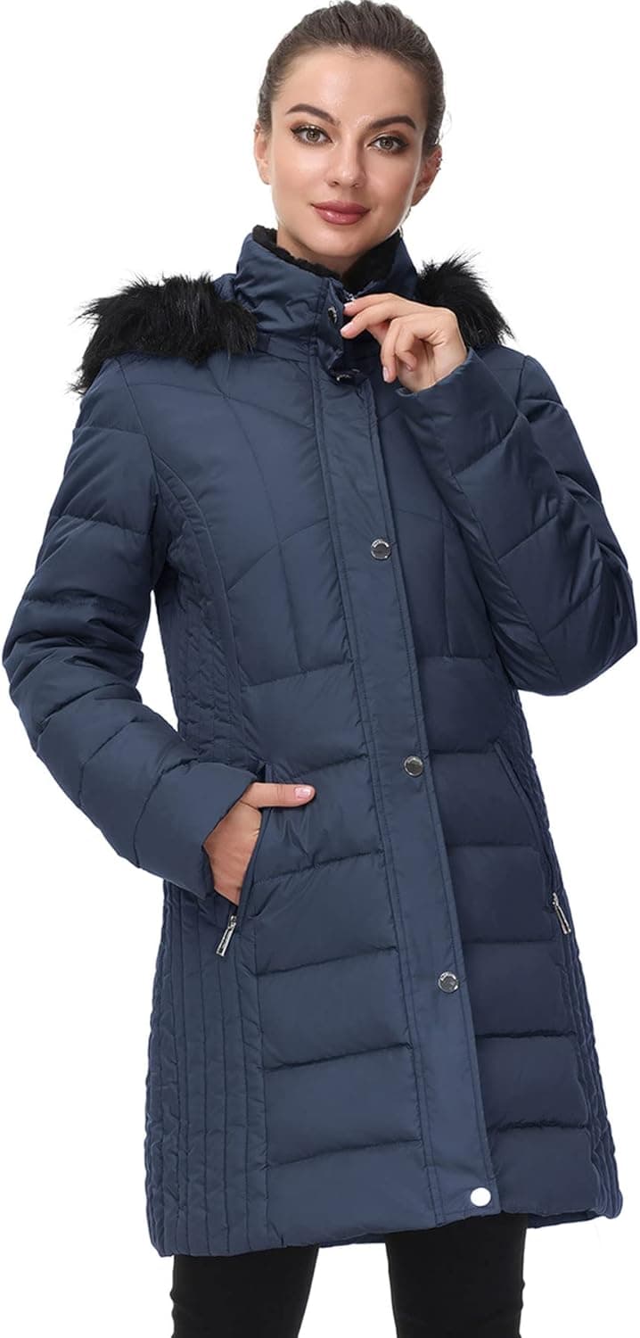 SLOW DOWN Women Winter Down Puffer Coat Warm Hooded Mid-Length Down Jacket for Women with Faux Fur Trim Hood and Pile Collar