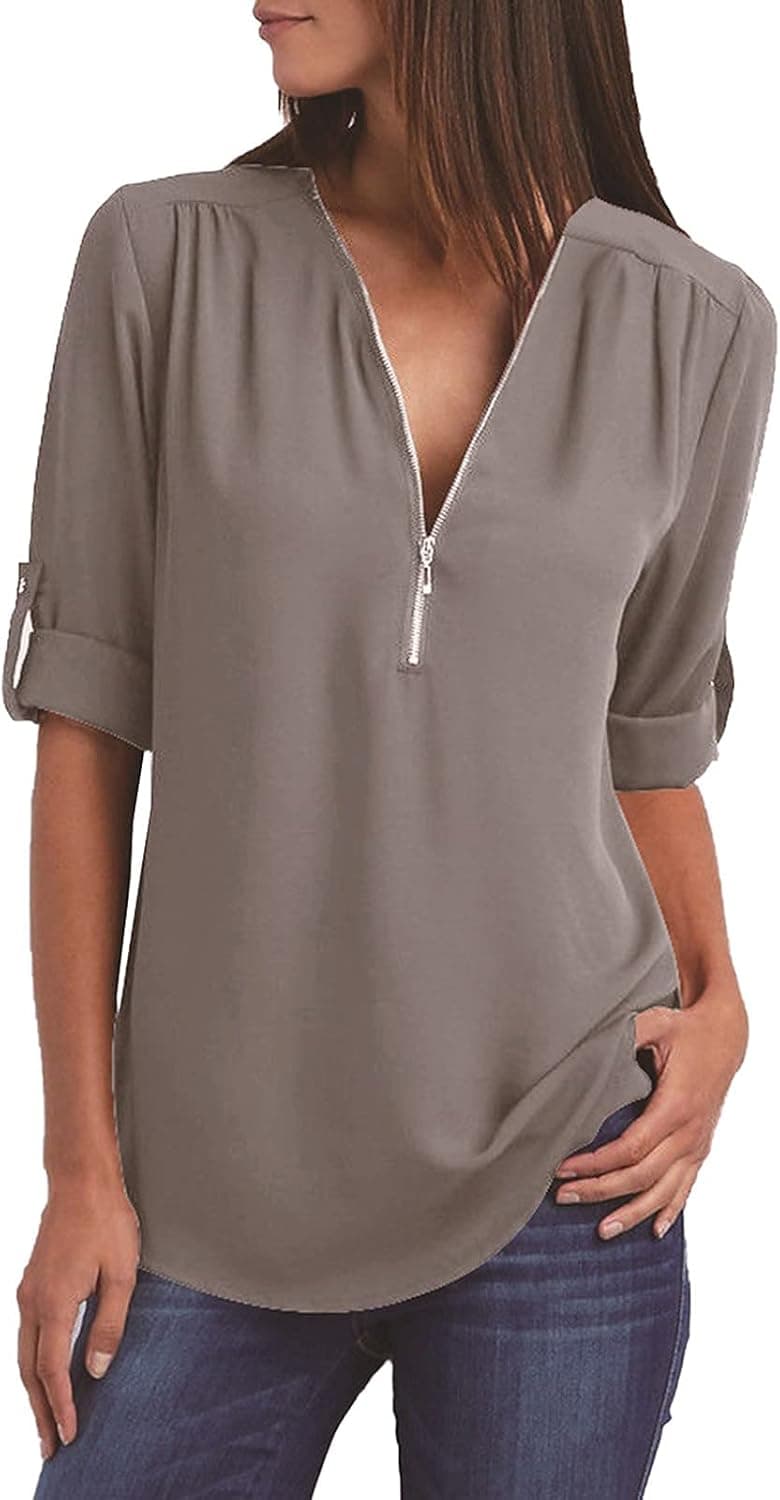 Women's Half Zipper Chiffon V Neck 3/4 Sleeve Blouse Tops Summer Casual Tunic Top for Ladies Office Work Wear