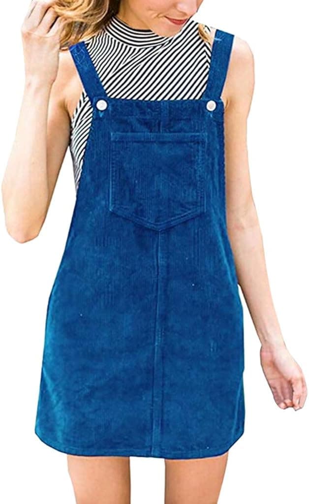 Shakumy Women Corduroy Suspender Skirt Mini Bib Overall Pinafore Dress Casual Adjustable Strap Pockets Tunic Short Dress