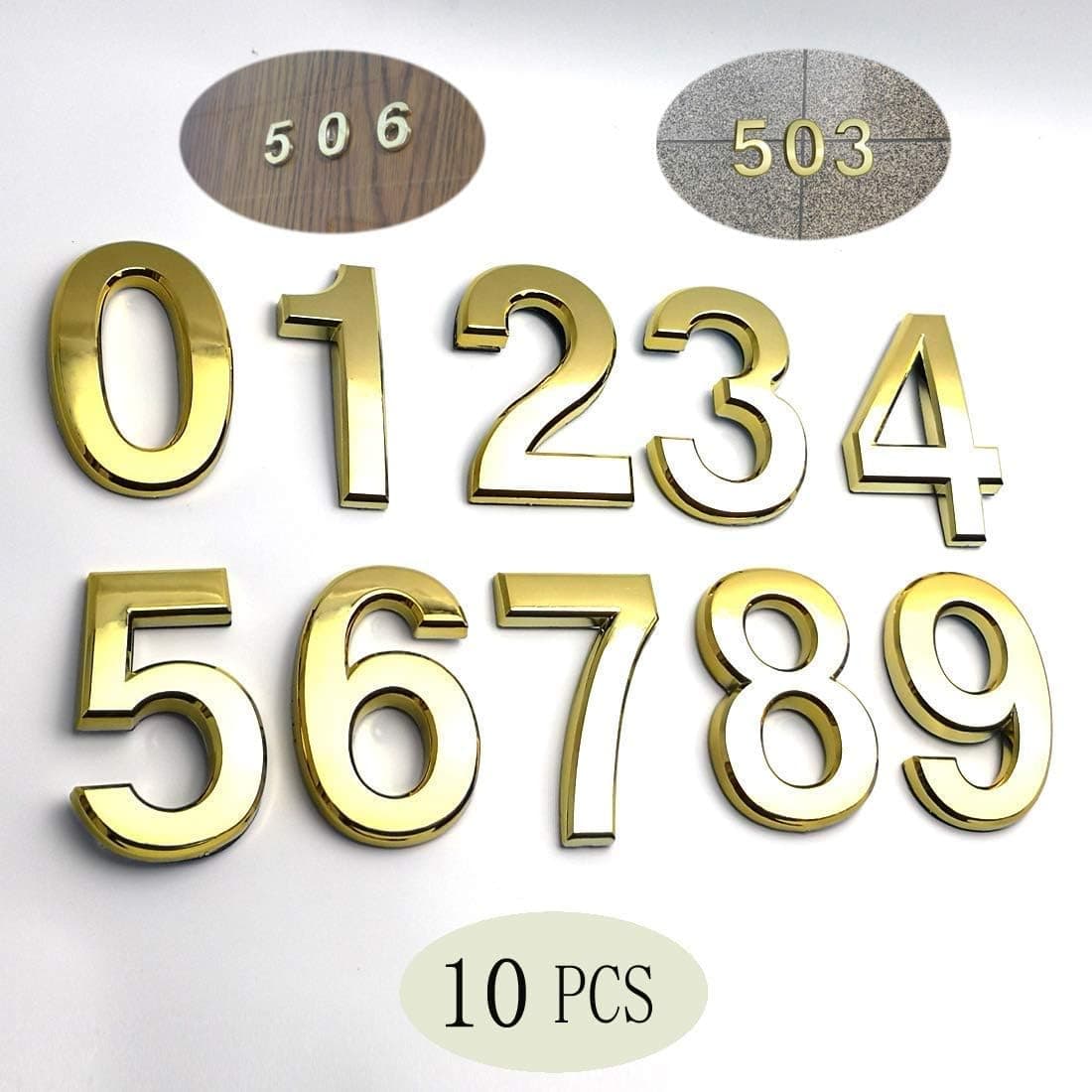 10 Pcs 3D Self Adhesive House Numbers(0-9),1.4 Inch Mailbox Number Plastic Sticker for Hotel Apartment Room Door and Address Sign,(1.4 Inch 0-9,Gold)