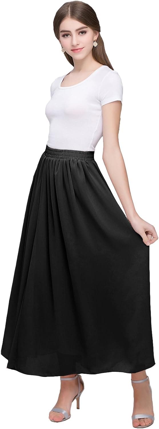 Kileyi Women's Long A Line High Elastic Waist Swing Chiffon Pleated Midi Skirt