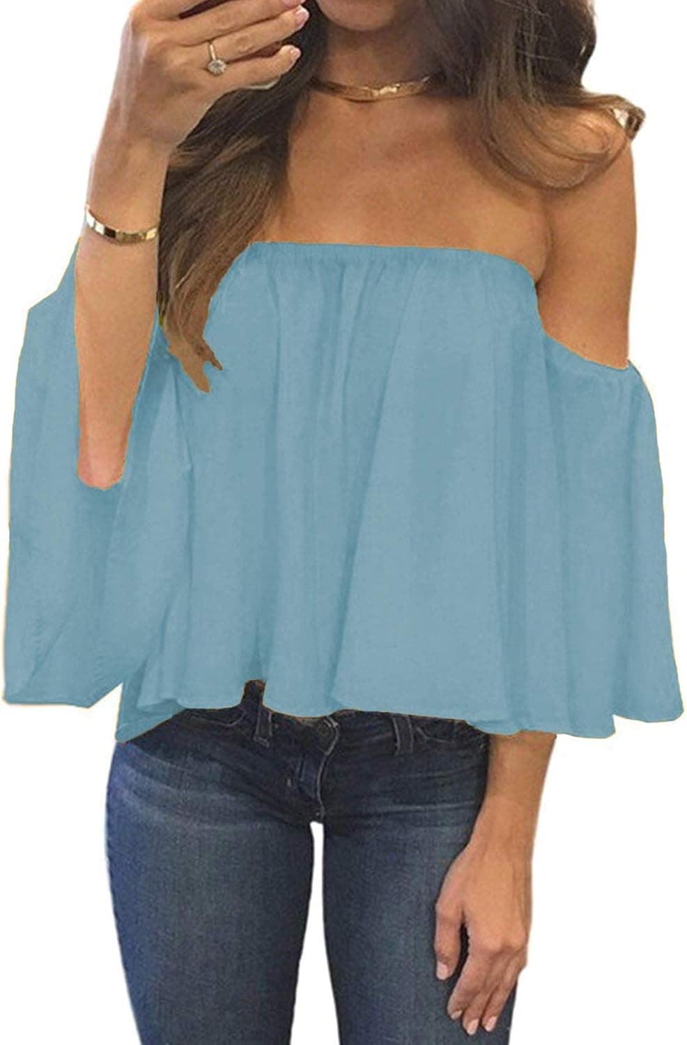 Bluetime Women Chiffon Ruffles Sleeves Off Shoulder Tops Casual Shirt Blouses Summer Casual Sexy Tops (XL, Light Blue)
