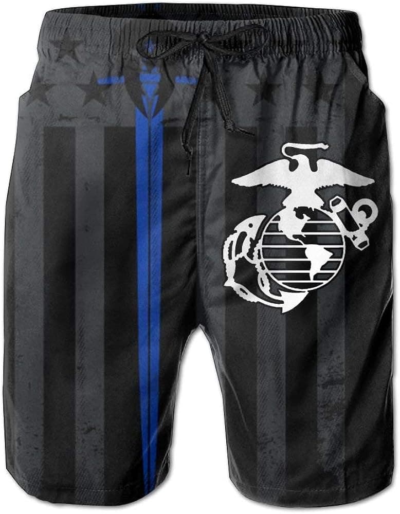 Marine Corps Thin Blue Line Flag Mens Summer Novelty Beach Board Shorts Breathable Surf Swim Trunks X-Large