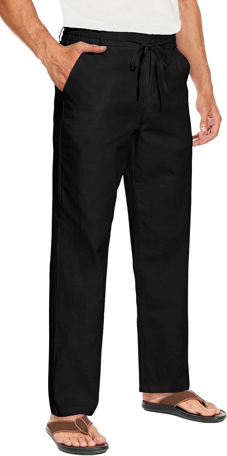 Yuanyi Men's Drawstring Linen Pants Casual Summer Beach Loose Trousers