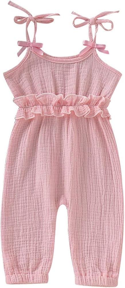 Mikrdoo Baby Girl Romper Cotton Linen Pink Jumpsuit, Pink, Size 6-9 Months
