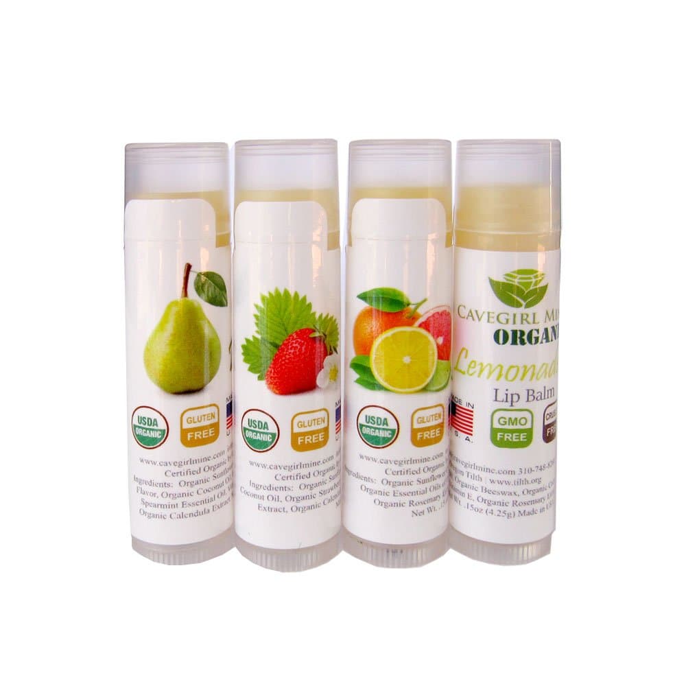 4-Pack Certified USDA Organic Lip Balm. CAVEGIRL MINE 100% Organic All Natural Flavors Pear, Strawberry, Lemonade and Citrus. Made in USA. Paraben Free. Deeply Moisturizes Softens Chapped Dry Lips.