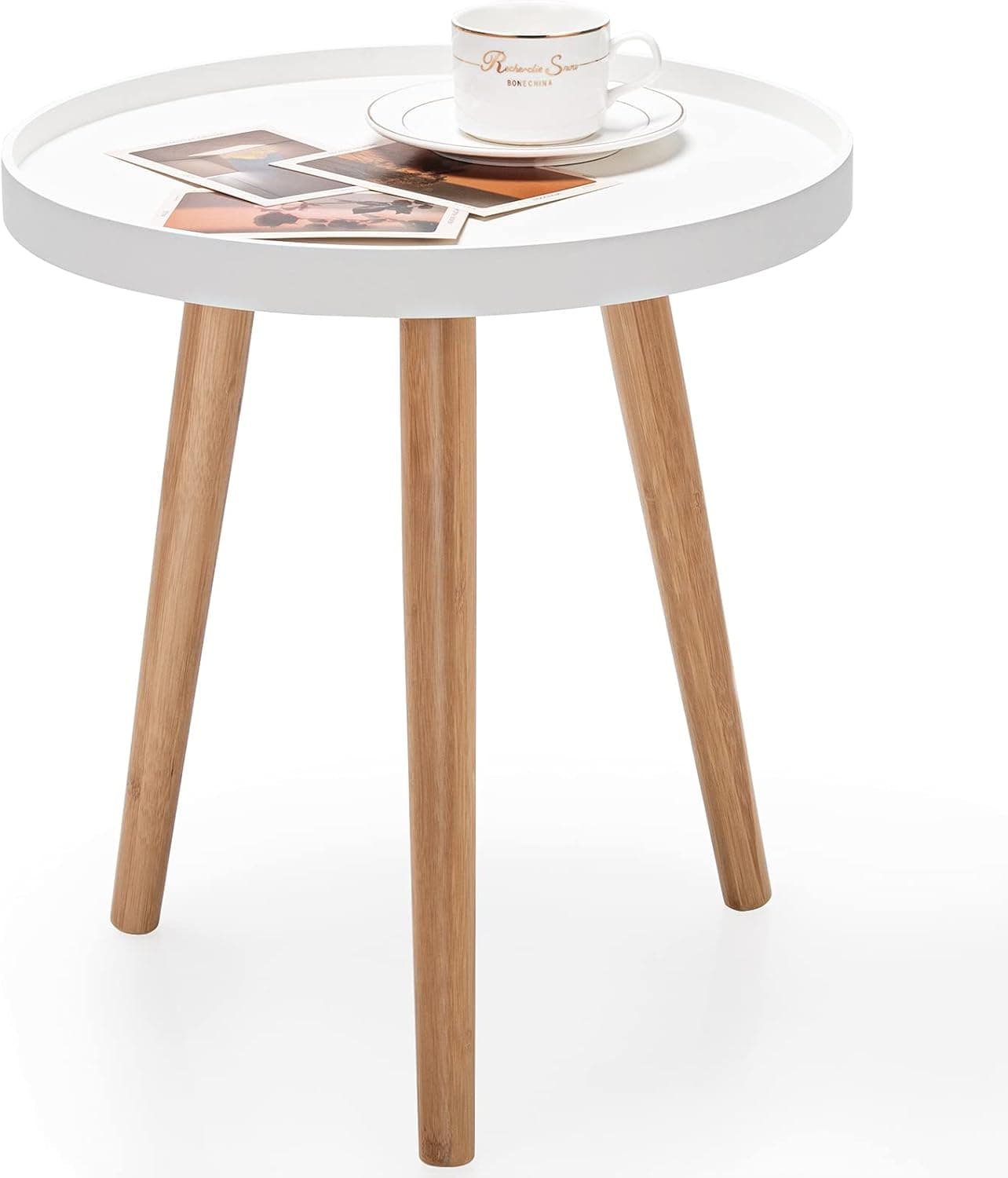 Giantex Round Side Table, End Table with Wooden Tray, Sturdy Tripod Stand & Premium Metal Connectors, Round Sofa Side Table for Living Room, Office, Bedroom Nightstand, White (1)