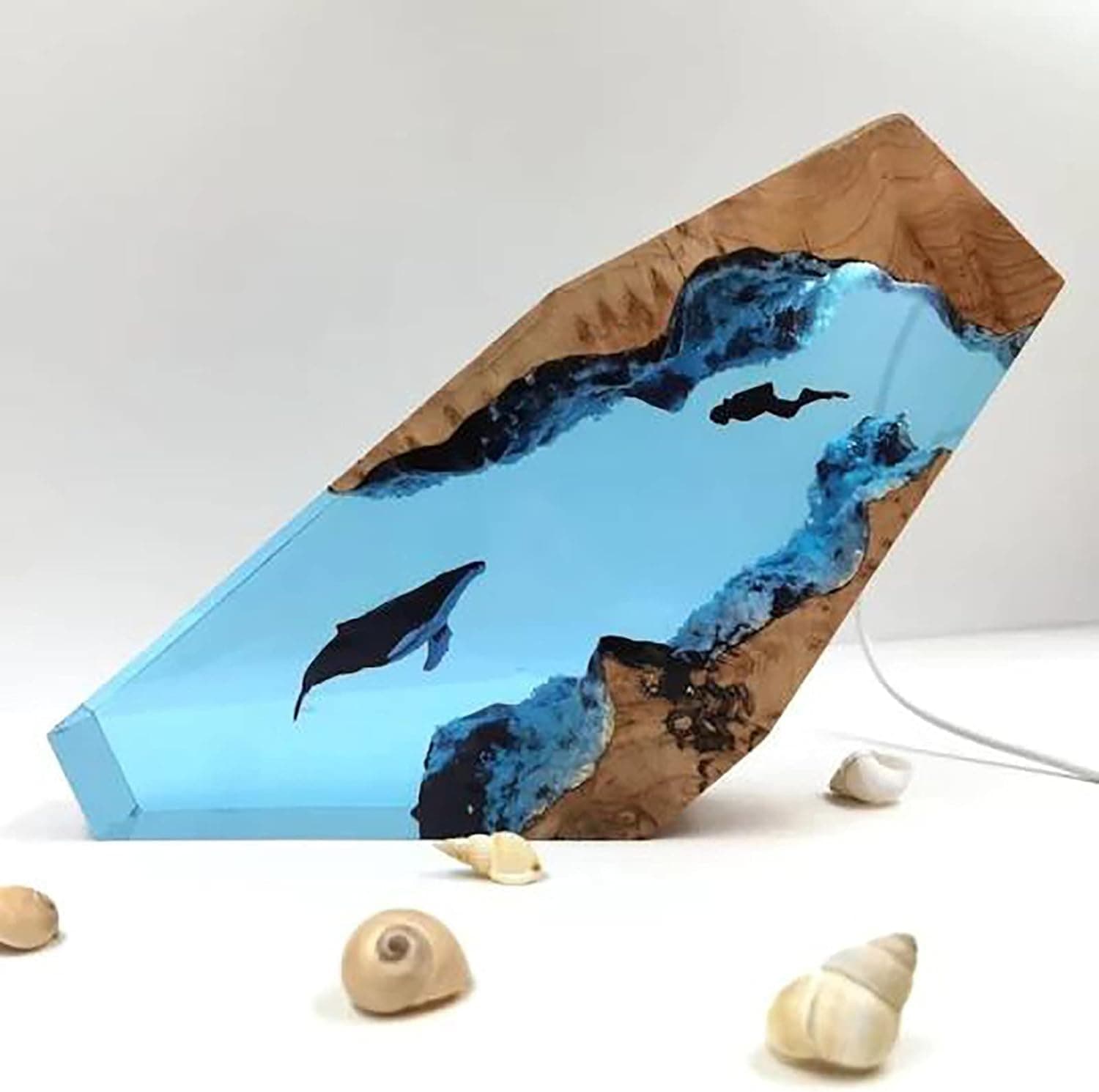Xianfei Epoxy Resin Wood Light Desk Lamp, DIY Crafts Table Lamp, Large Diver Humpback Whale Led Night Light