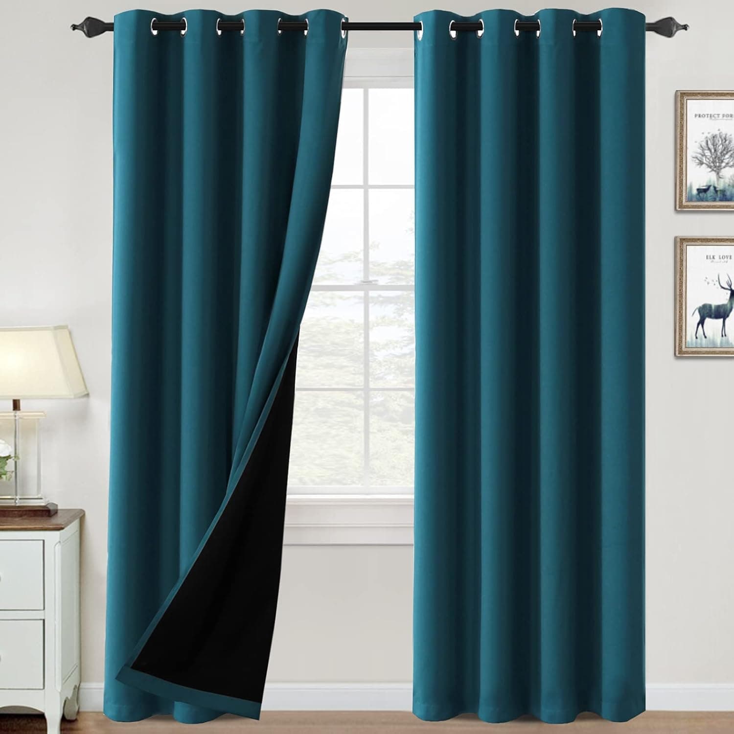 100% Blackout Curtains for Bedroom Thermal Insulated Blackout Curtains 96 inch Length Heat and Full Light Blocking Curtains Window Drapes for Living Room with Black Liner 2 Panels Set, Dark Teal