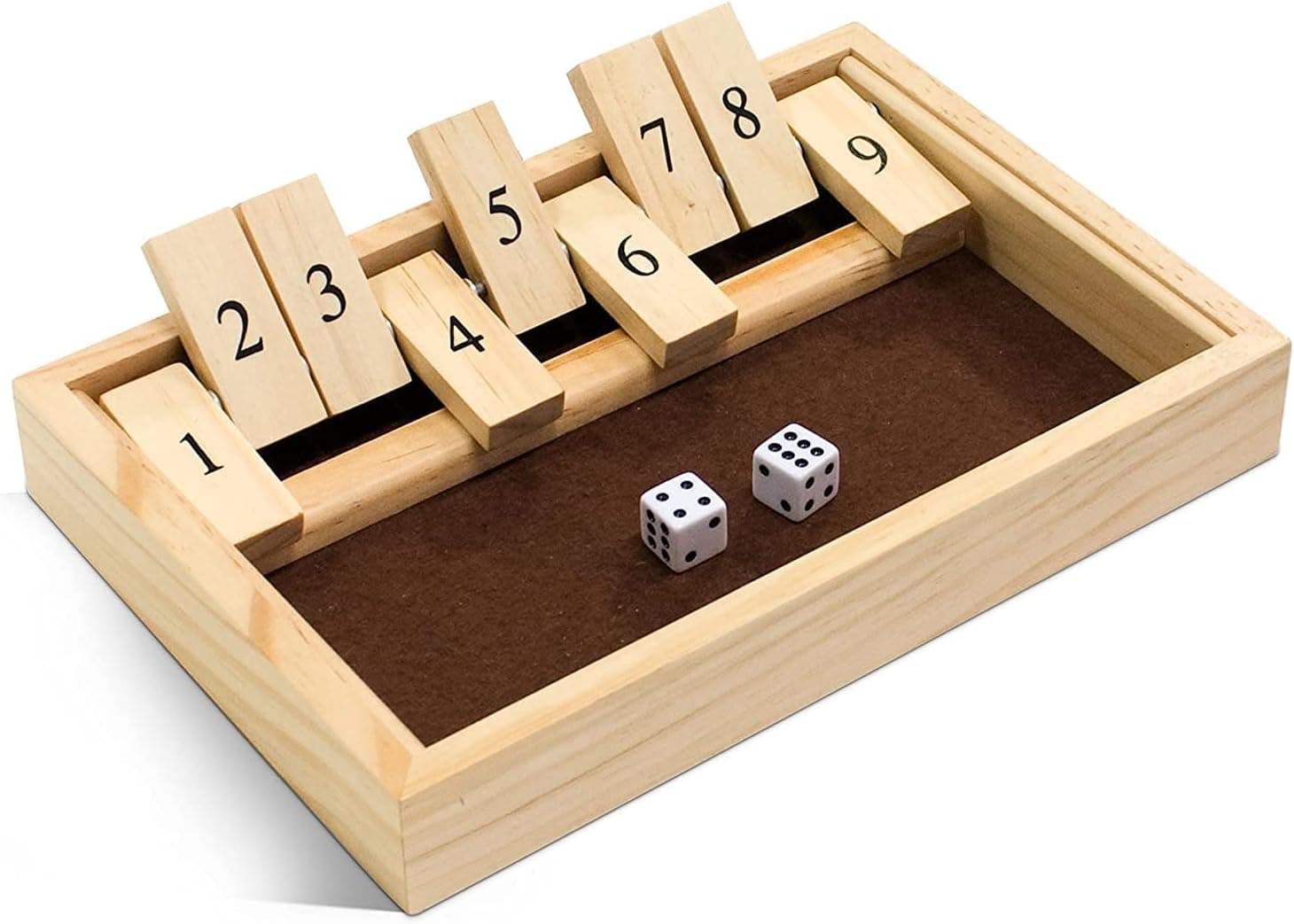 WE Games Classic Dice Board Game – 9 Number Flip Tiles with Natural Wooden Box - 11 inches