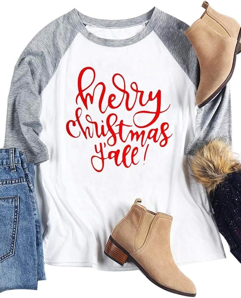 HRIUYI Women Merry Christmas Y'all Shirts O-Neck Baseball T-Shirt 3/4 Raglan Sleeve Casual Tees