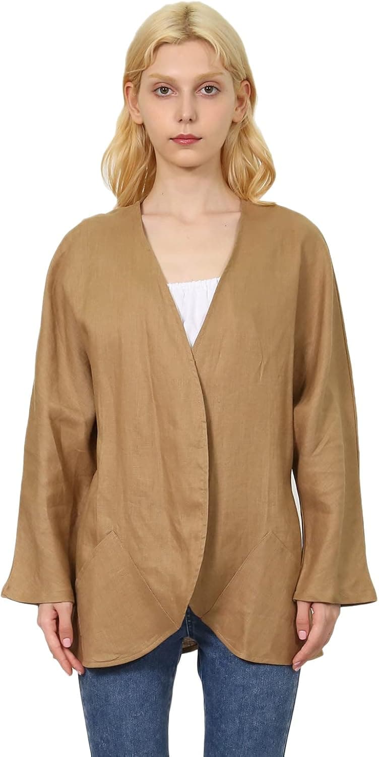 Amazhiyu Womens 100% Linen Kimono Cardigan Casual Open Front Cover Ups Tops with Pockets