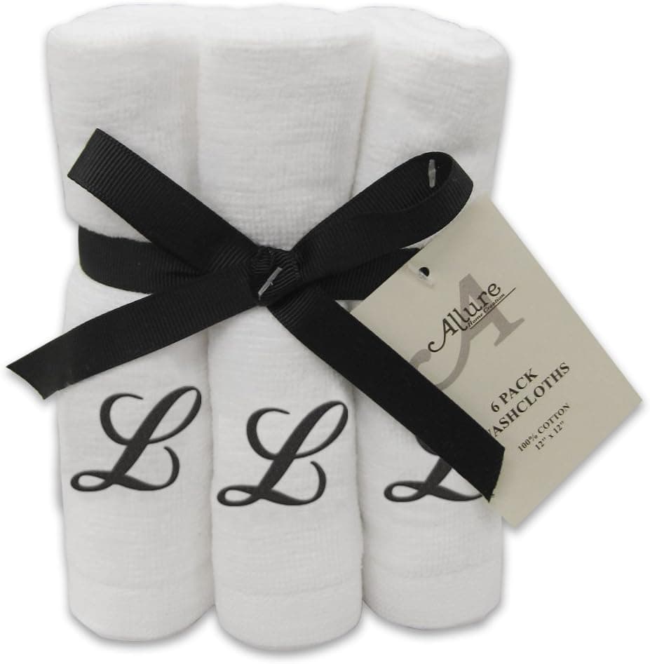 Allure Home Creations 6-Pack 100-Percent Cotton Monogrammed Velour Wash Cloths, White, L