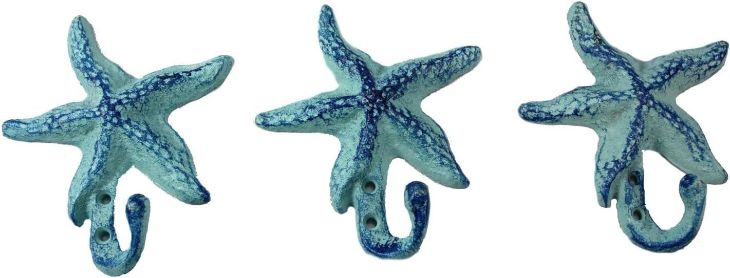 Starfish Cast Iron Wall Hooks Antique Blue - Set of 3 for Coats, Aprons, Hats, Towels, Pot Holders, More