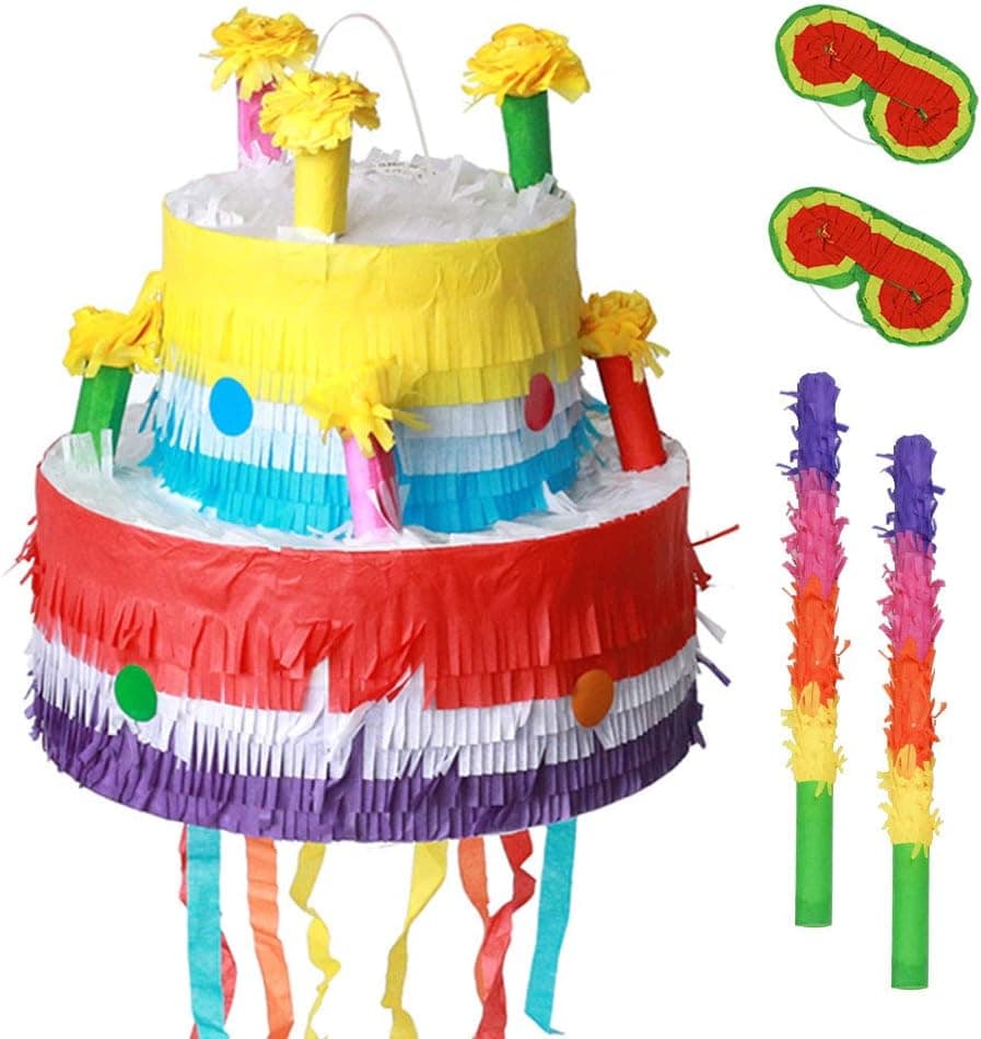 Cake Pinata - Cartoon Shaped Pinatas Kids Birthday Party Supplies for Comic Themed Party with Eye Mask and Stick Sets