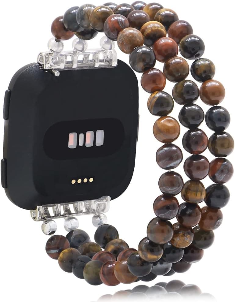 C&L Accessories Wristband Compatible with Fitbit Versa 2 Bands Versa Bands Versa Lite Bands Beaded Adjustable Bracelet Band (Rainbow Tiger Eye)