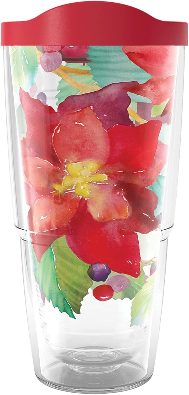 Tervis Made in USA Double Walled Holiday Poinsettias Insulated Tumbler Cup Keeps Drinks Cold & Hot, 24oz, Classic