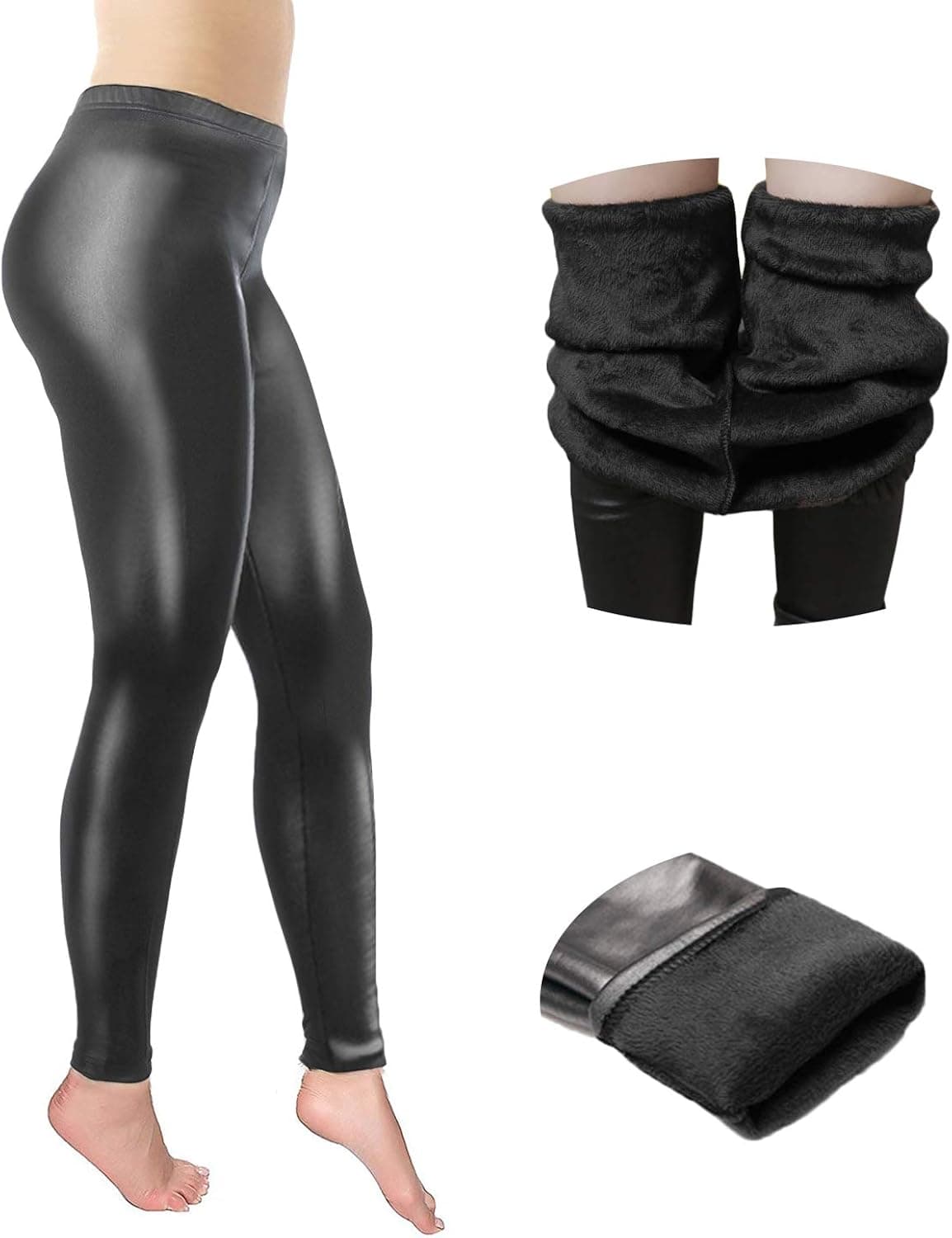 DCOIKO Women's Faux Leather Winter Warm Velvet Leggings